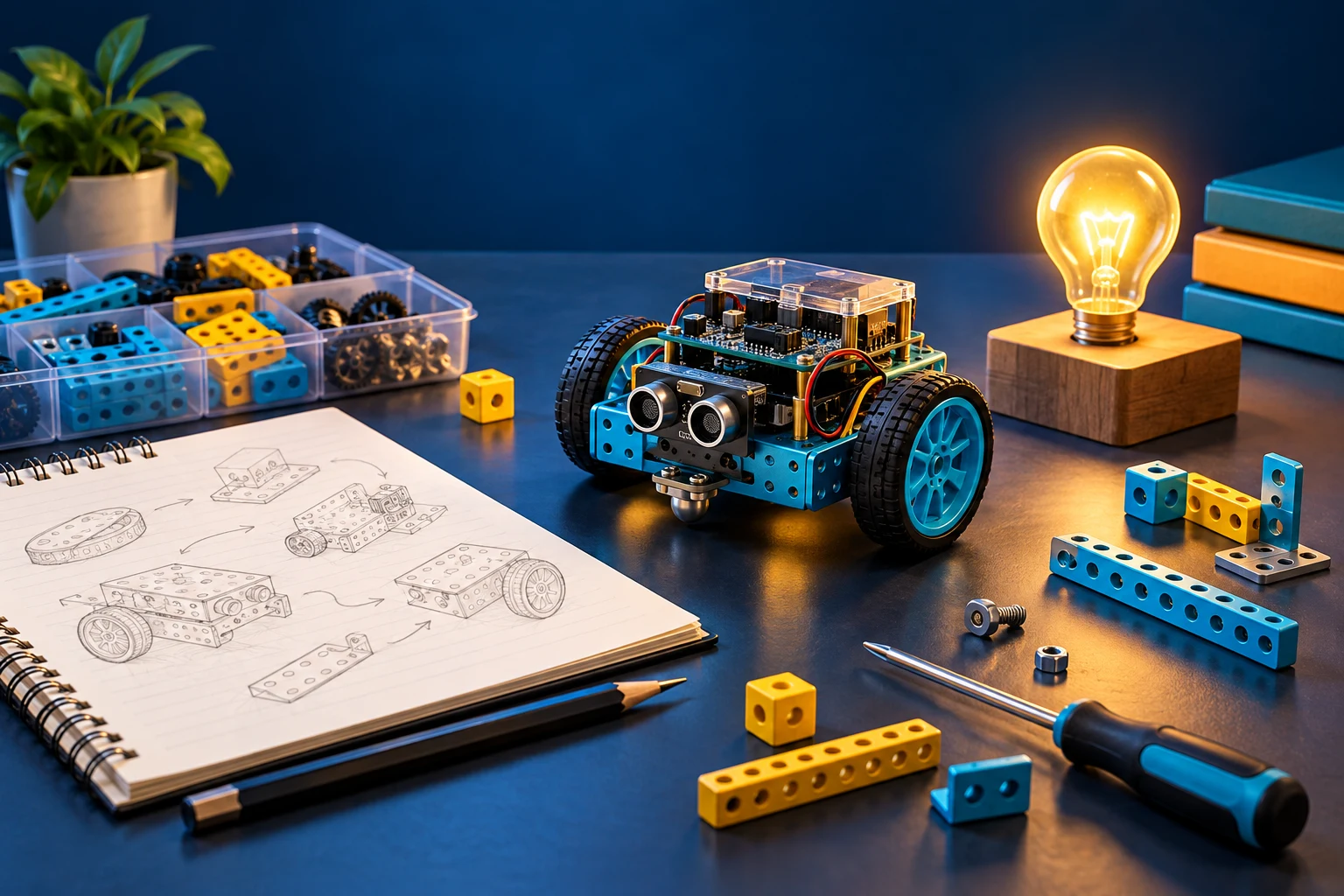 Materiais de robótica, um caderno de ideias e uma lâmpada acesa